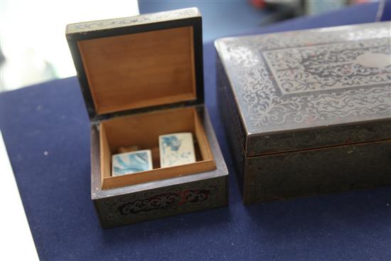 An early 20th century red boullework cigar box and a matching cigarette box, width 11in. and 4.5in.